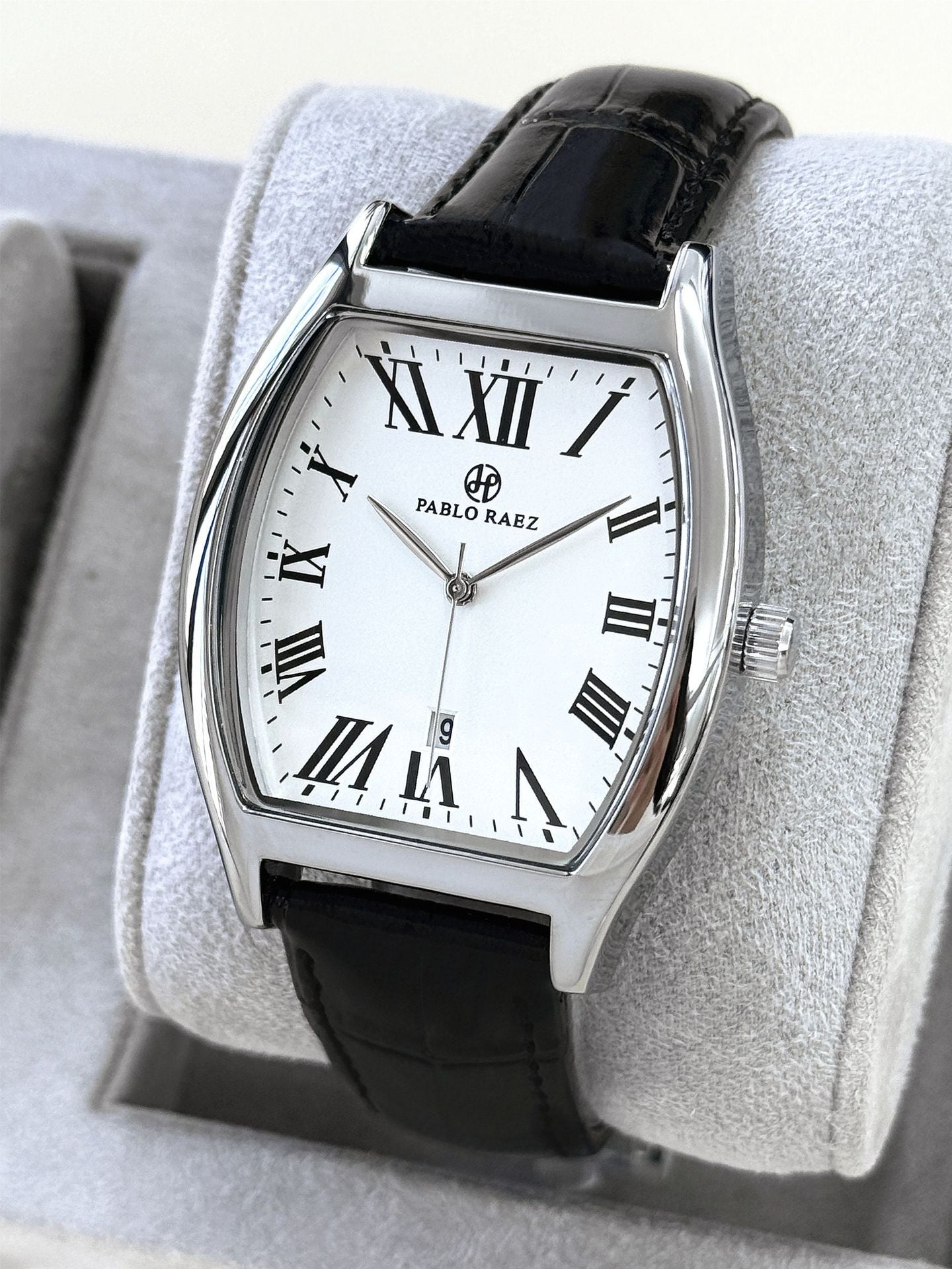 Pablo Raez Casual Business Men's Quartz Watch Barrel-shaped Leather Strap Waterproof Calendar Watch Cross-Border Shipping