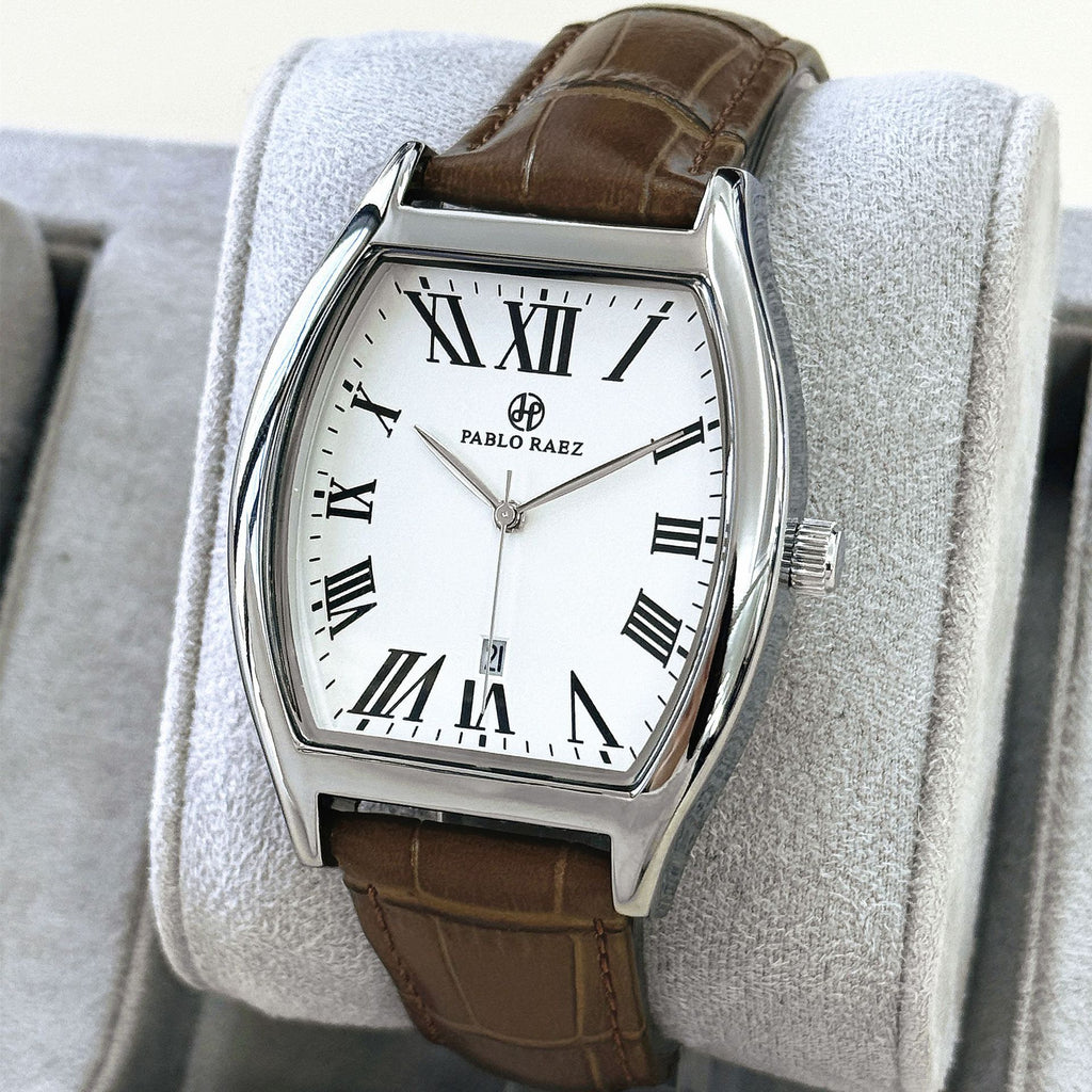 Pablo Raez Casual Business Men's Quartz Watch Barrel-shaped Leather Strap Waterproof Calendar Watch Cross-Border Shipping