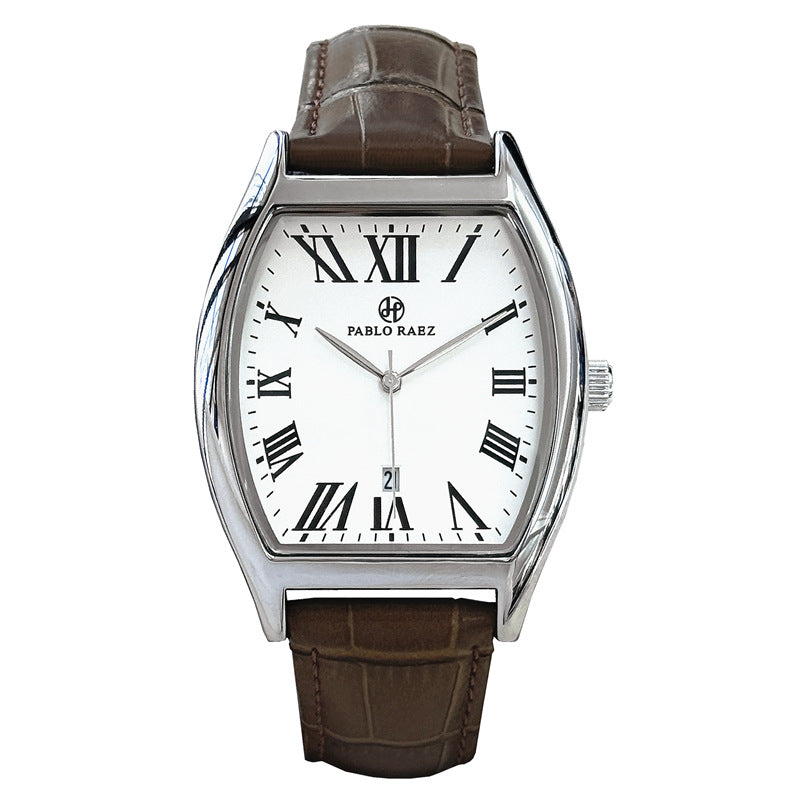 Pablo Raez Casual Business Men's Quartz Watch Barrel-shaped Leather Strap Waterproof Calendar Watch Cross-Border Shipping
